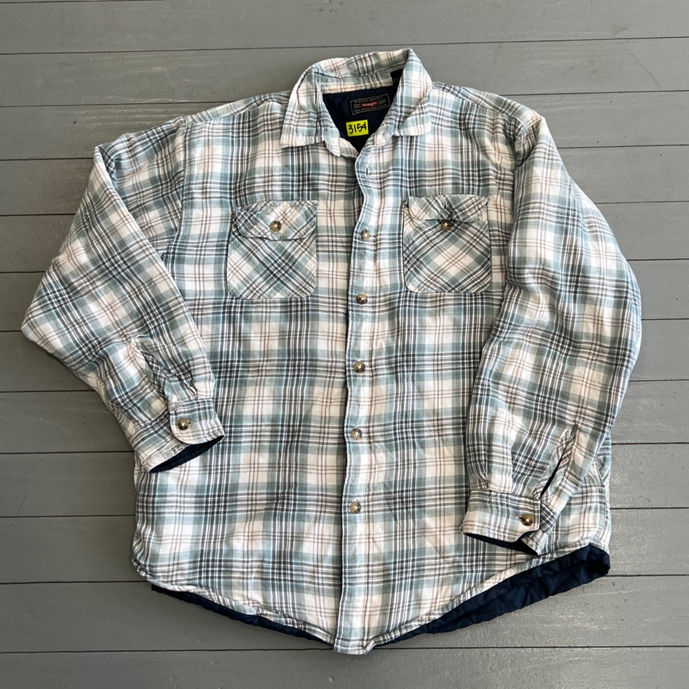 Wrangler shirt jacket mens large blue‎ plaid Quilted Flannel workwear western